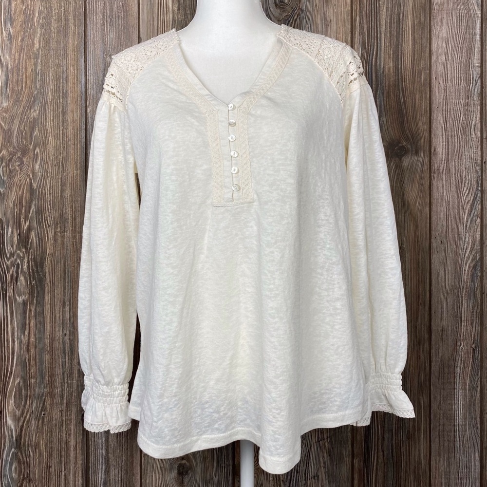 SUNDANCE Catalog Lace Shoulder Panel Blouse Top